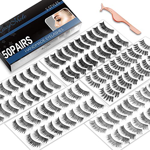 HazyMete 50 Pairs Natural False Eyelashes, Handmade Soft Black Band 5 Styles Wispies Fluffy Natural look Fake Lashes Pack, with Free Delicate Tweezers