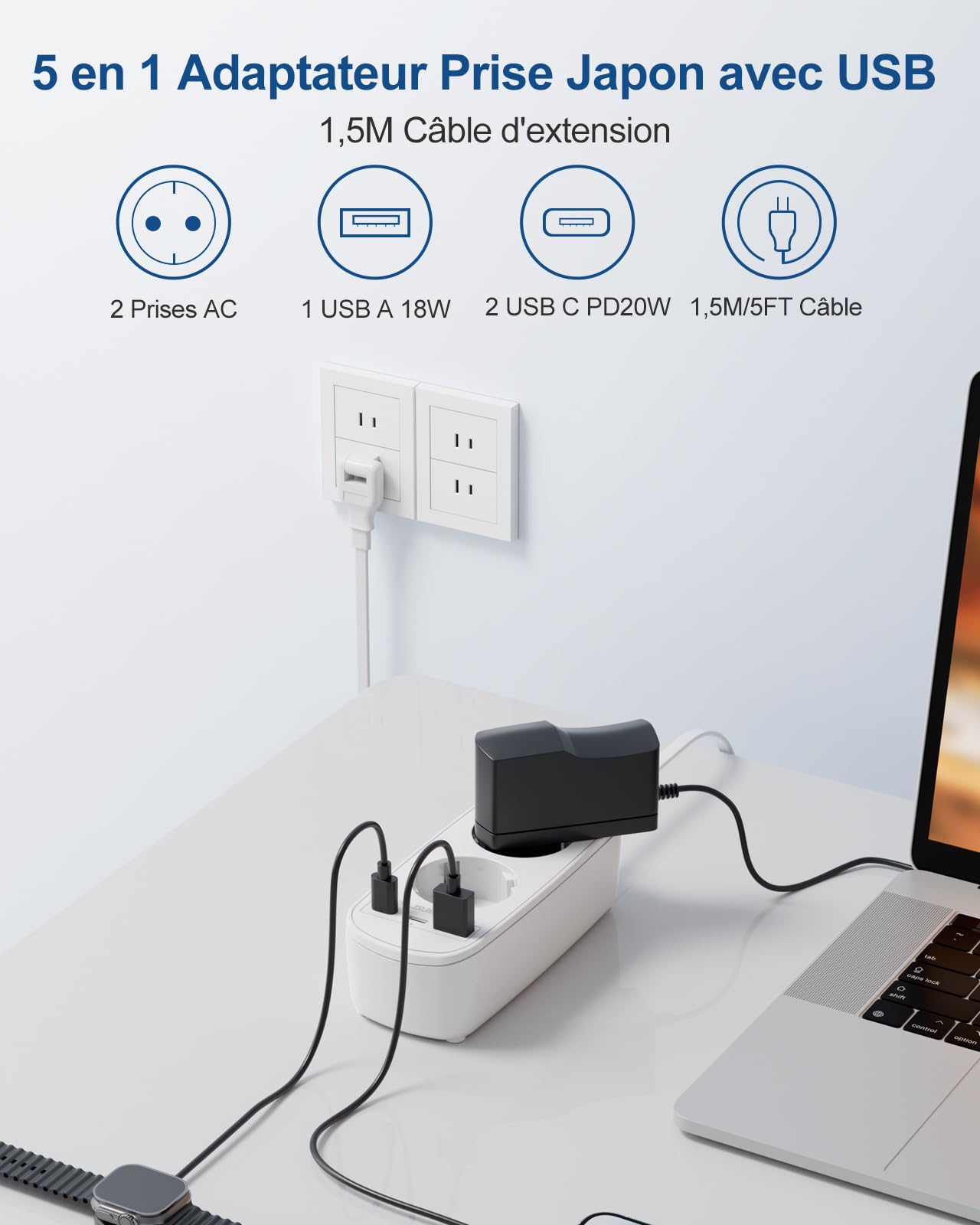 Adaptateur Prise Japon, 5 en 1 Adaptateur Japon avec 3 USB (PD20W/QC3.0), Double Prise pour Japon, Panama, Thaïlande, Viêt Nam, Taïwan, 1,5 M Câble, Type A