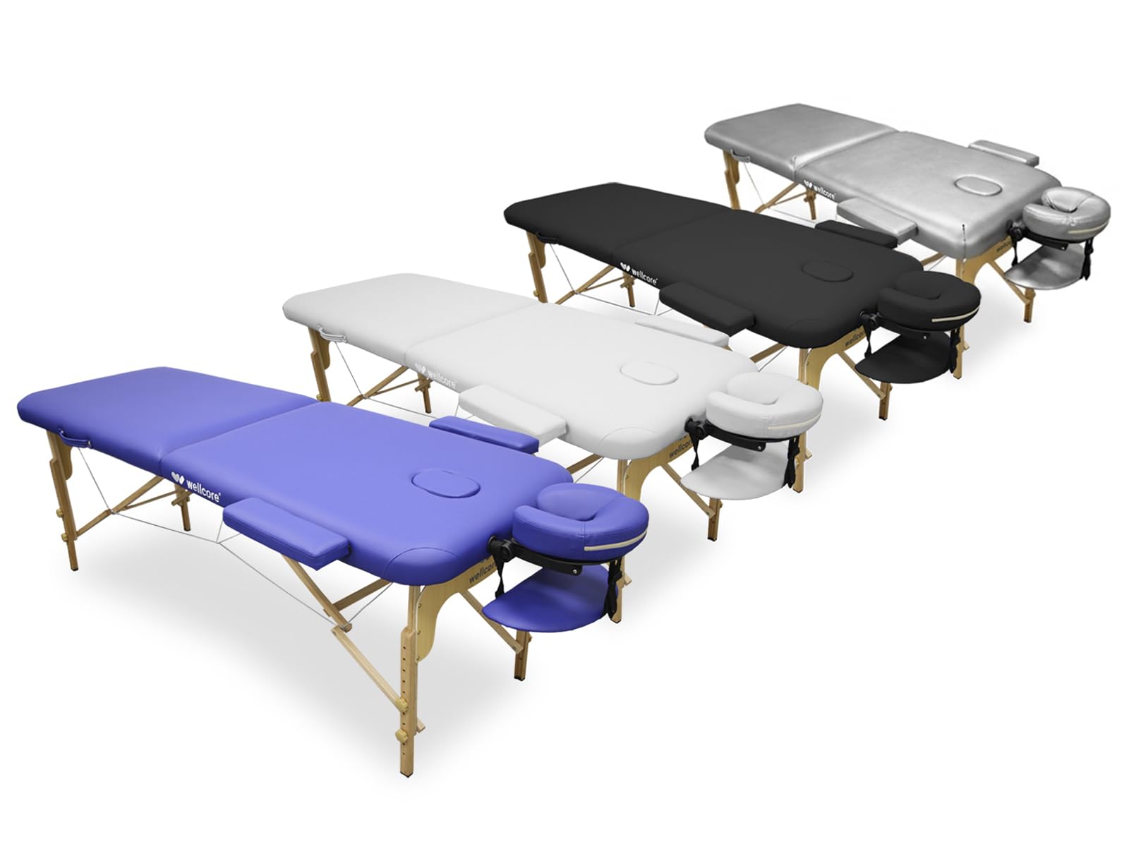 WELLCORE Table de Massage Pliable en Bois en Similicuir 185 x 65 cm, Hauteur réglable, tête Amovible, Deux Bras d'agrandissement, Trou Facial, Couleur Argent, jusqu'à 225 kg
