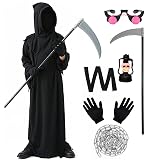 Marypaty Sensenmann Halloween Tod Kost&uuml;m f&uuml;r Erwachsener Kinder Herren, 8 Pcs Cosplay Kost&uuml;m Sensenmann Umhang Set mit Kapuze 1 Erwachsene M(155cm-170cm)