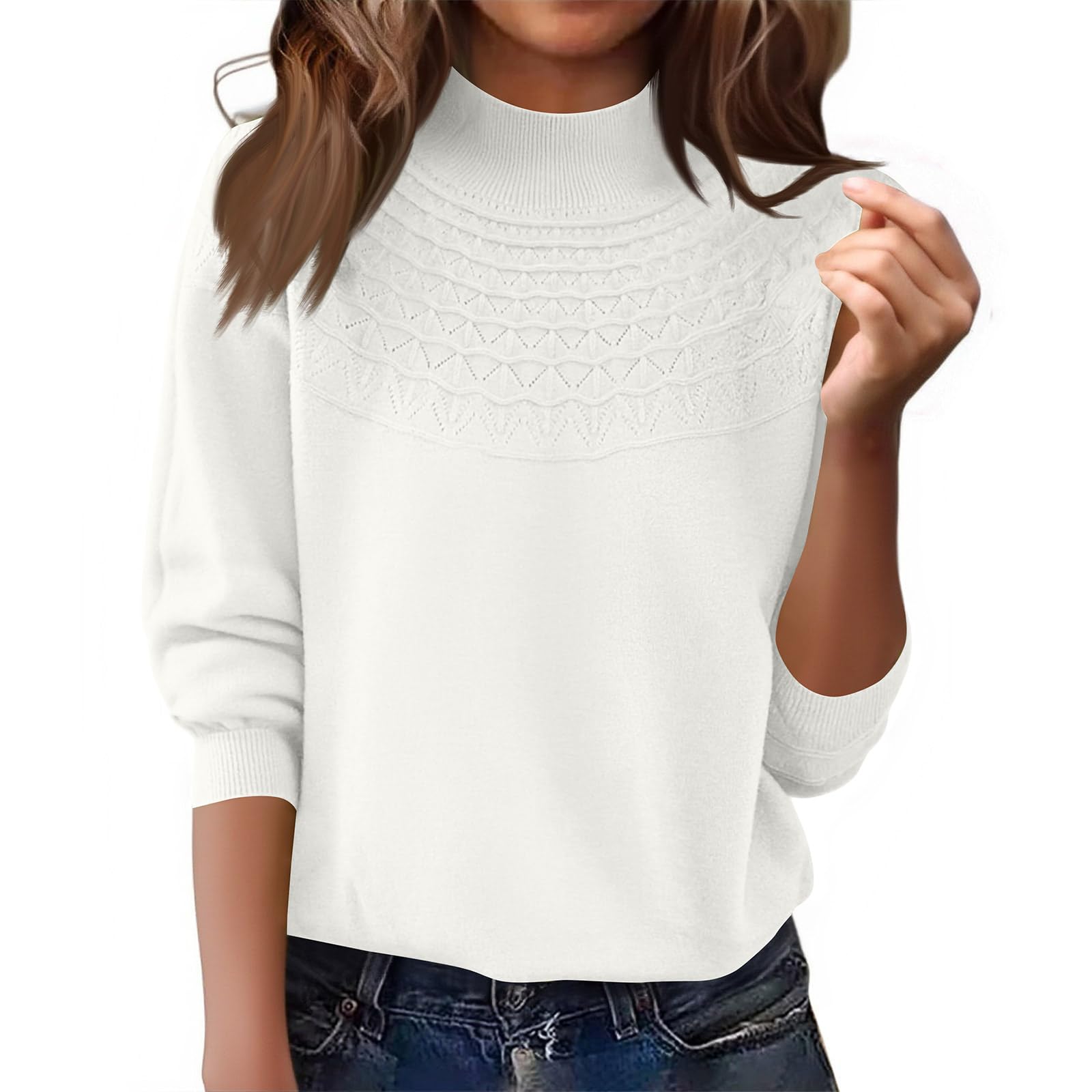 Knit Sweater for Women Trendy Mock Neck Long Sleeve Cute Sweaters Casual Loose Warm Soft Cozy Hollow Pullover