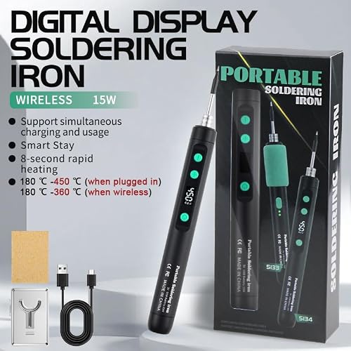 Kit de fer à souder sans fil portable rechargeable par USB avec écran LCD, température réglable, 3 pointes de soudure, pâte à souder, fil à souder, noir – vue 2