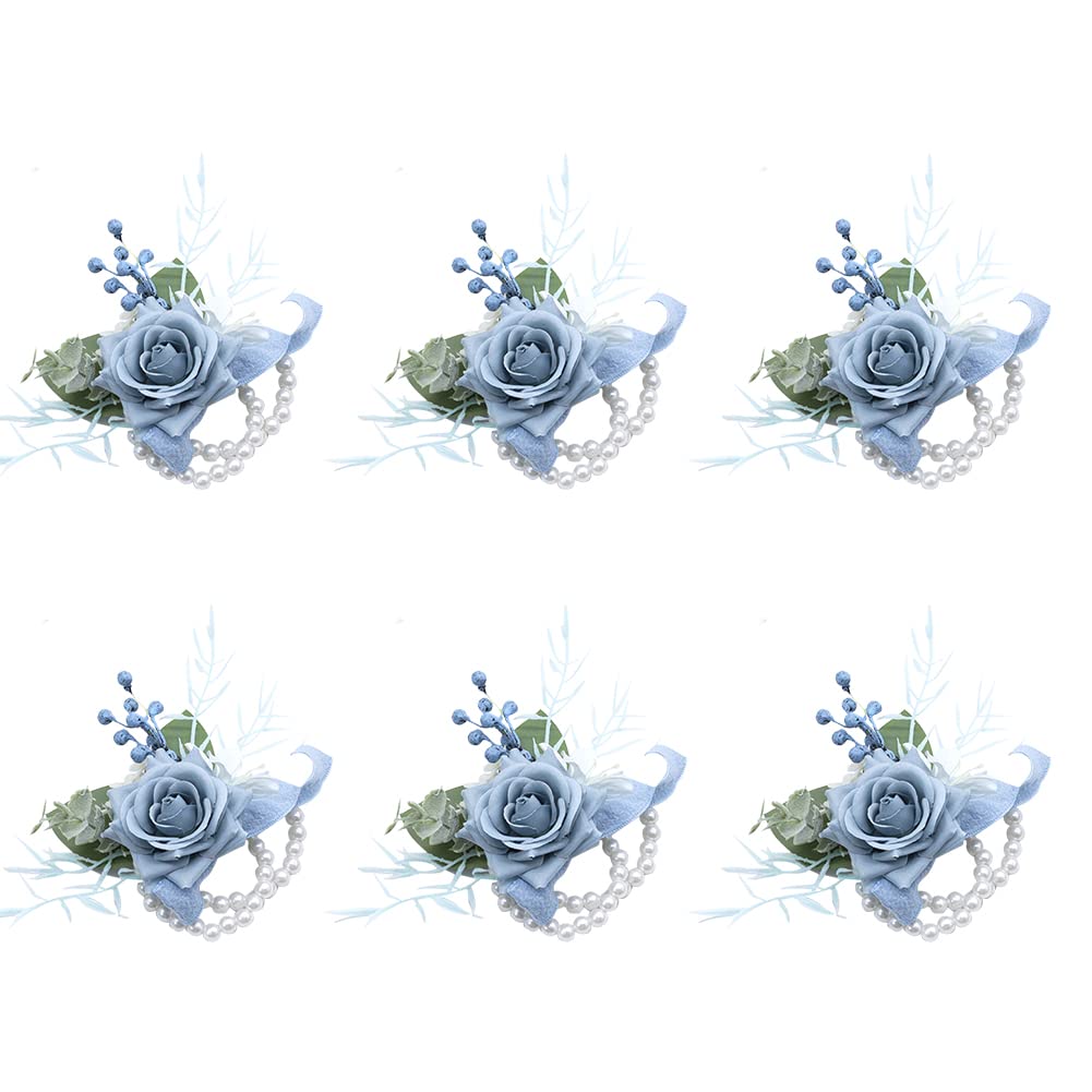Ansofi Dusty Blue Wrist Corsage Set of 6 for Wedding, Prom, Party, Homecoming - Artificial Flower Wrist Corsage Bracelets