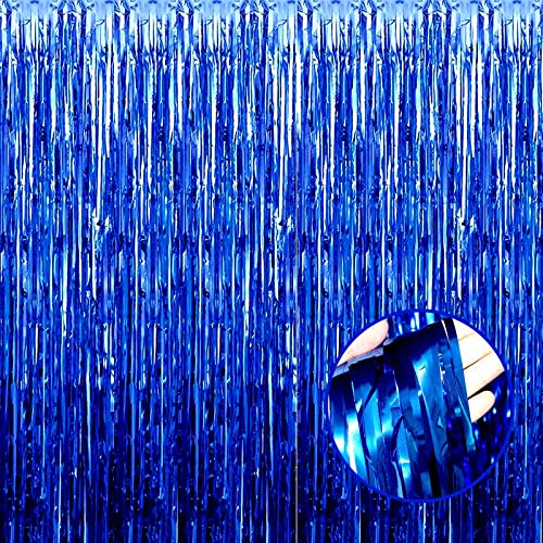 Image of 4 Pack Blue Foil Fringe Curtain Backdrop, 3.28Ftx8.2Ft Metallic Tinsel Streamers for Sea Party, Photo Booth Props, Birthday, 2022 Summer Ocean Theme Party Decoration Supplies