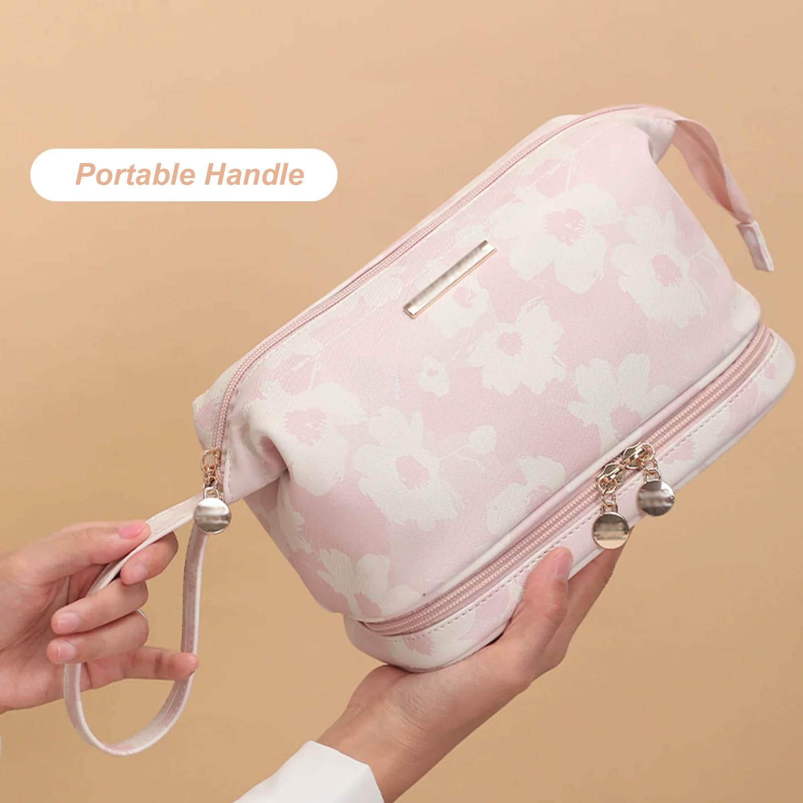 Portatile Borsa Trucco, Beauty Bag, Pratico Organizer per Pennelli da Trucco e Accessori Estetici da Donna, con Motivo Floreale Botanico e Comoda Maniglia per Il Trasporto(Black)