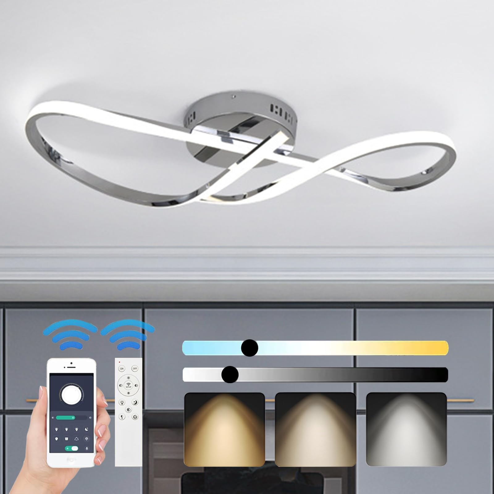 WSXEDC Dimmable LED Ceiling Light, Chrome Modern Chrome Process Ceiling Light with Remote Control for Bedroom Children's Room Living Room Kitchen Dining Room Study Room Interior Lighting 68cm