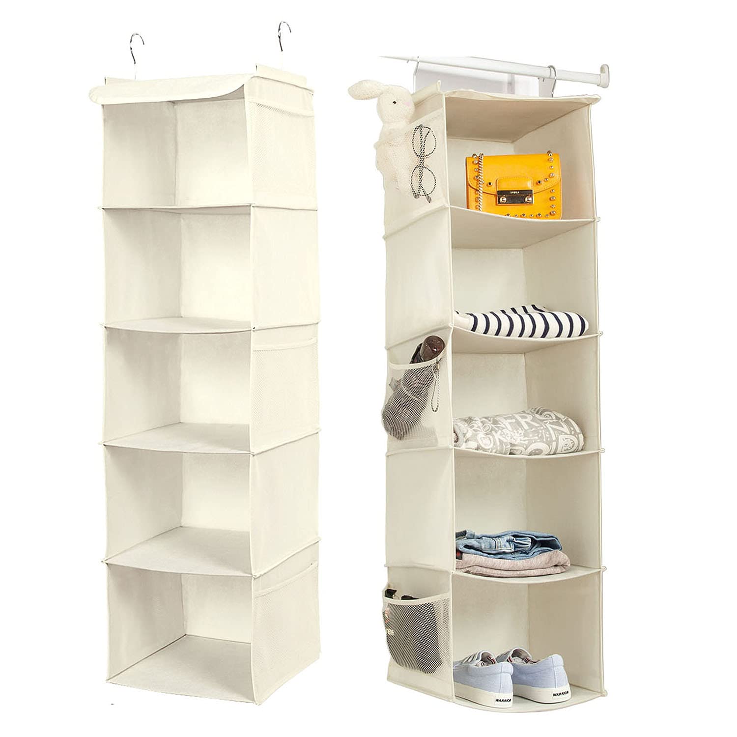 BrilliantJo 5 Shelves Hanging Closet Organizer, 2 Pack Hanging Storage with 6 Side Pockets for Clothes Shoes, 108x30x30cm(Beige)