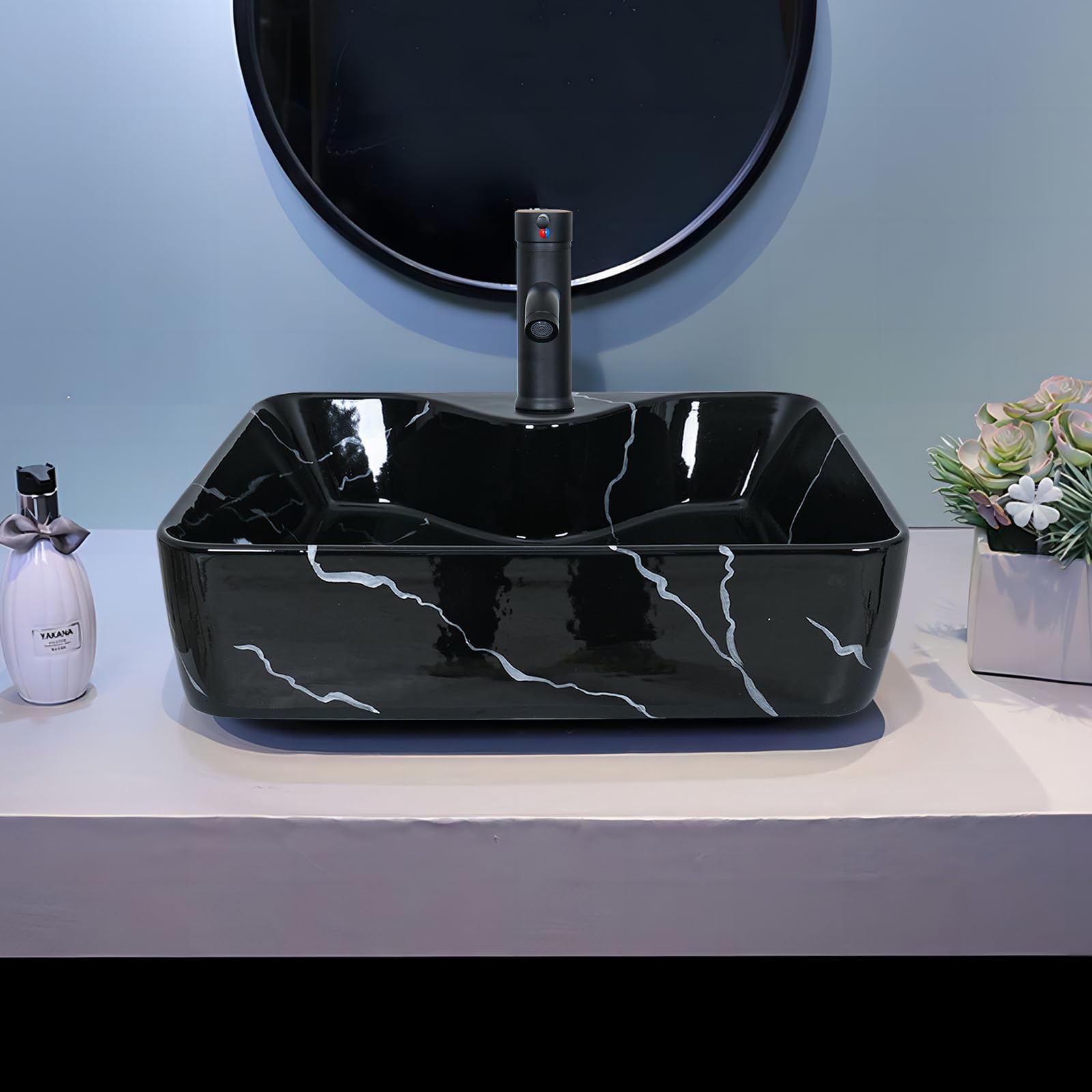 YU YUSING Lavabo Sobre Encimera con Grifo, Lavabo Baño de Cerámica 48x38x13.5 cm, Lavabos de Lujo para Baño, Cocina, Aseo de Invitados, Tocador, Moderno Negro, Rectangular