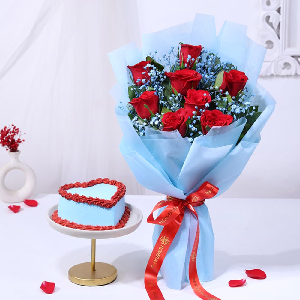 FlowerAura Love Combo of Fresh 8 Red Roses Flower Bouquet & 0.5Kg Heart Chocolate Cake For Birthday | Anniversary | Valentine's Day Gift For Girlfriend, Boyfriend, Husband & Wife (Same Day Delivery)-image-13