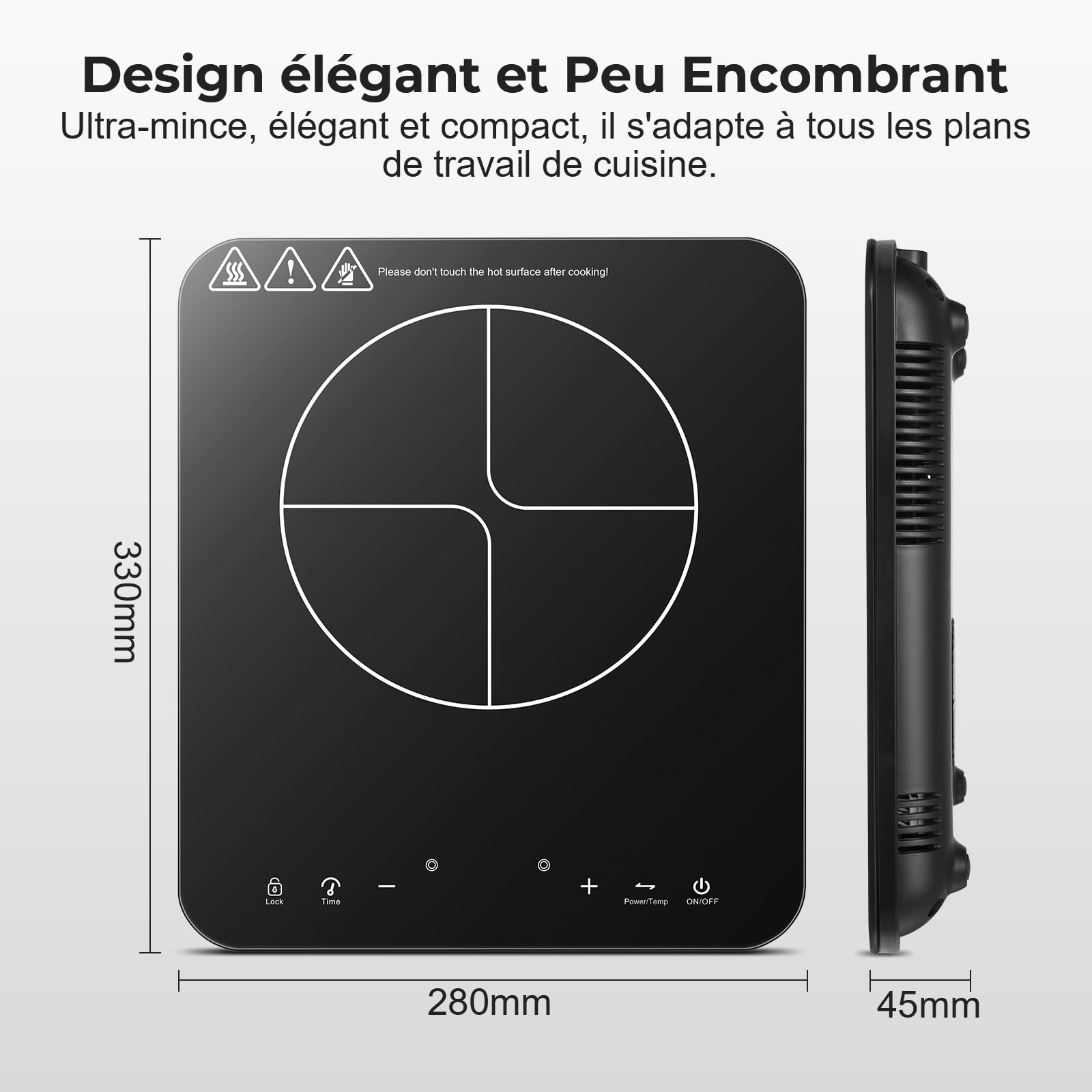 Plaque Induction 1 Feu 2000W, Plaque de Cuisson Electrique Portable, Tables de Cuisson Induction, 10 Niveaux de Puissance, Commande Tactile, Verrouillage Enfant