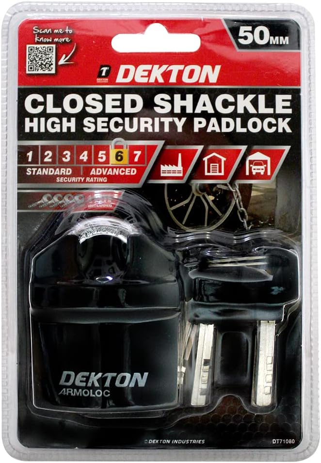 Dekton 50mm Closed Shackle Steel Padlock - weather Resistant, Black - Image 3