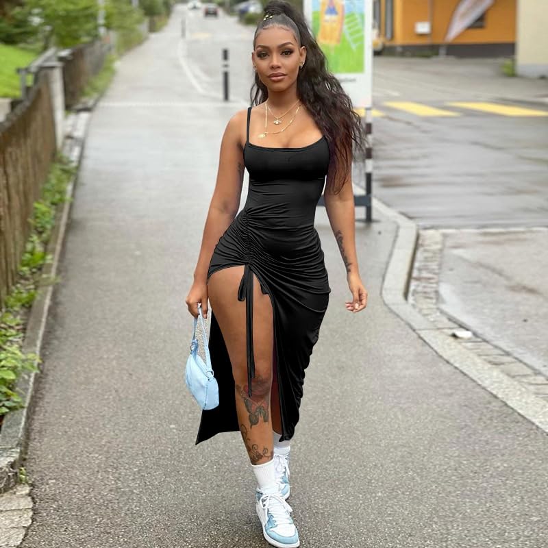 Nimsruc Womens Sexy Summer Dresses Spaghetti Strap Thigh-high Slit Ruched Bodycon Maxi Club Cocktail Party Dress2