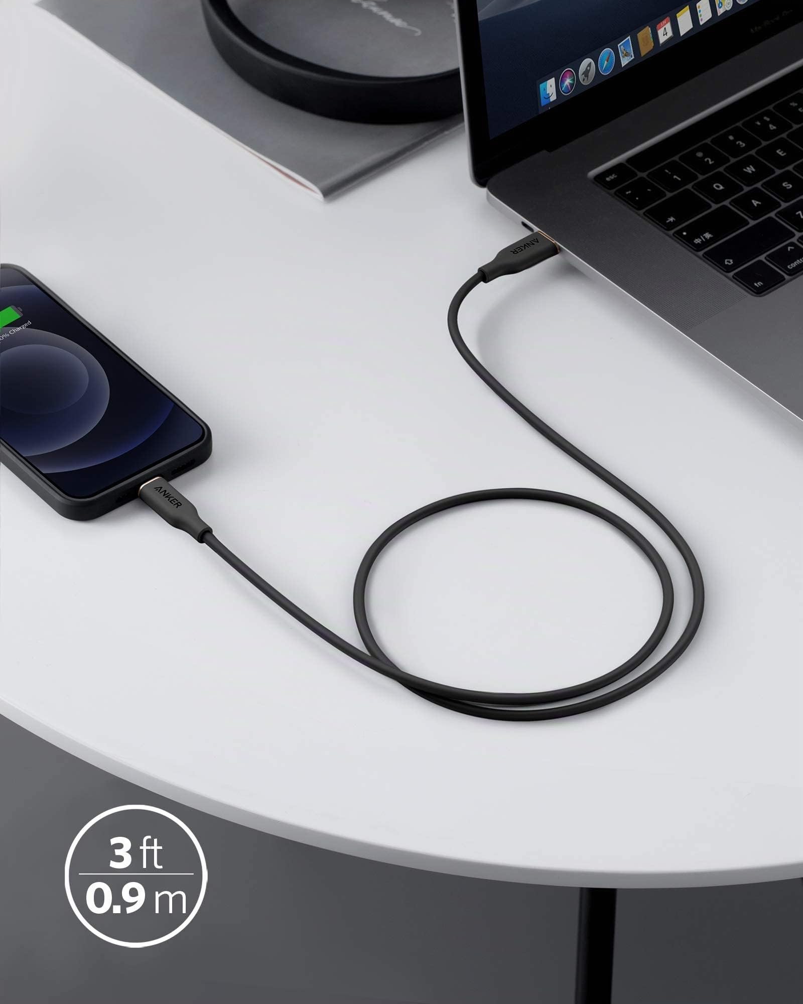 Anker Cable iPhone PowerLine III Flow, 90 cm, MFi, silicona | Compatible con iPhone 13/13 Pro Max/12/11 Pro/X/XS/XR/8 Plus y AirPods Pro. Negro