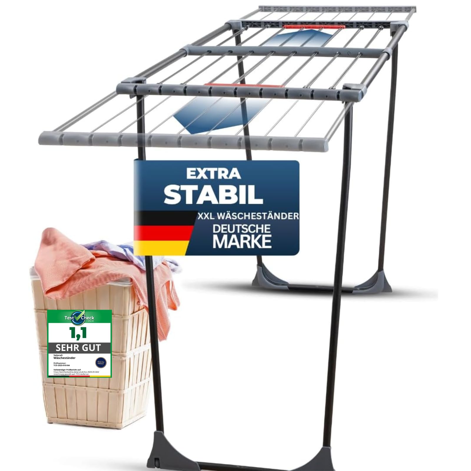 STAHLMANN ® Wäscheständer ausziehbar [20M Trockenfläche ] - WäscheständerXXL [Made IN EU] - Wäscheständerschwarz mit Klemmen für kleine Wäschestücke