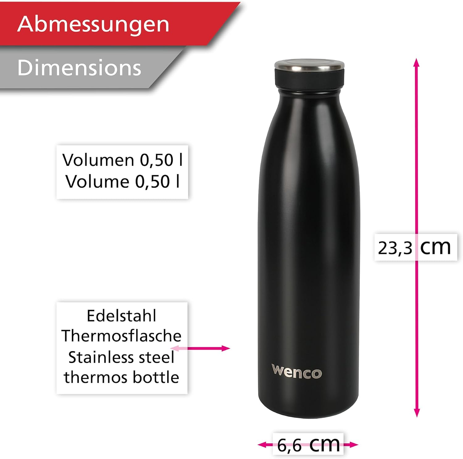 Stainless Steel Water Bottle 0.5 L / 500 ml Insulated and Leak-Proof for Cold and Hot Drinks Can Also Be Used as a Thermos Flask BPA Free - Black
