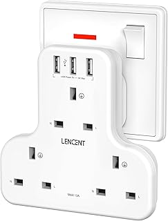 LENCENT Plug Extension Socket, 3 Way Multi Plug Socket with 3 USB Ports, Power Extender Wall Adaptor for Household Appliances, Iphone, Smartphone, Tablet, Home, Office, Bedroom, 13A 3250W