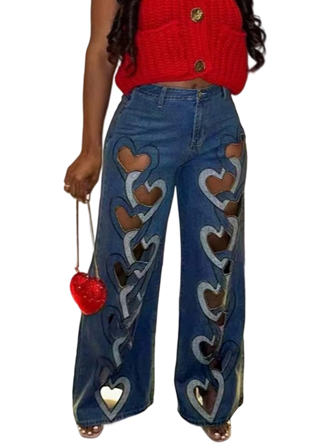 Wide Leg Jeans for Women,High Waisted Baggy Stretchy Heart Cutout Denim Pants with Pockets