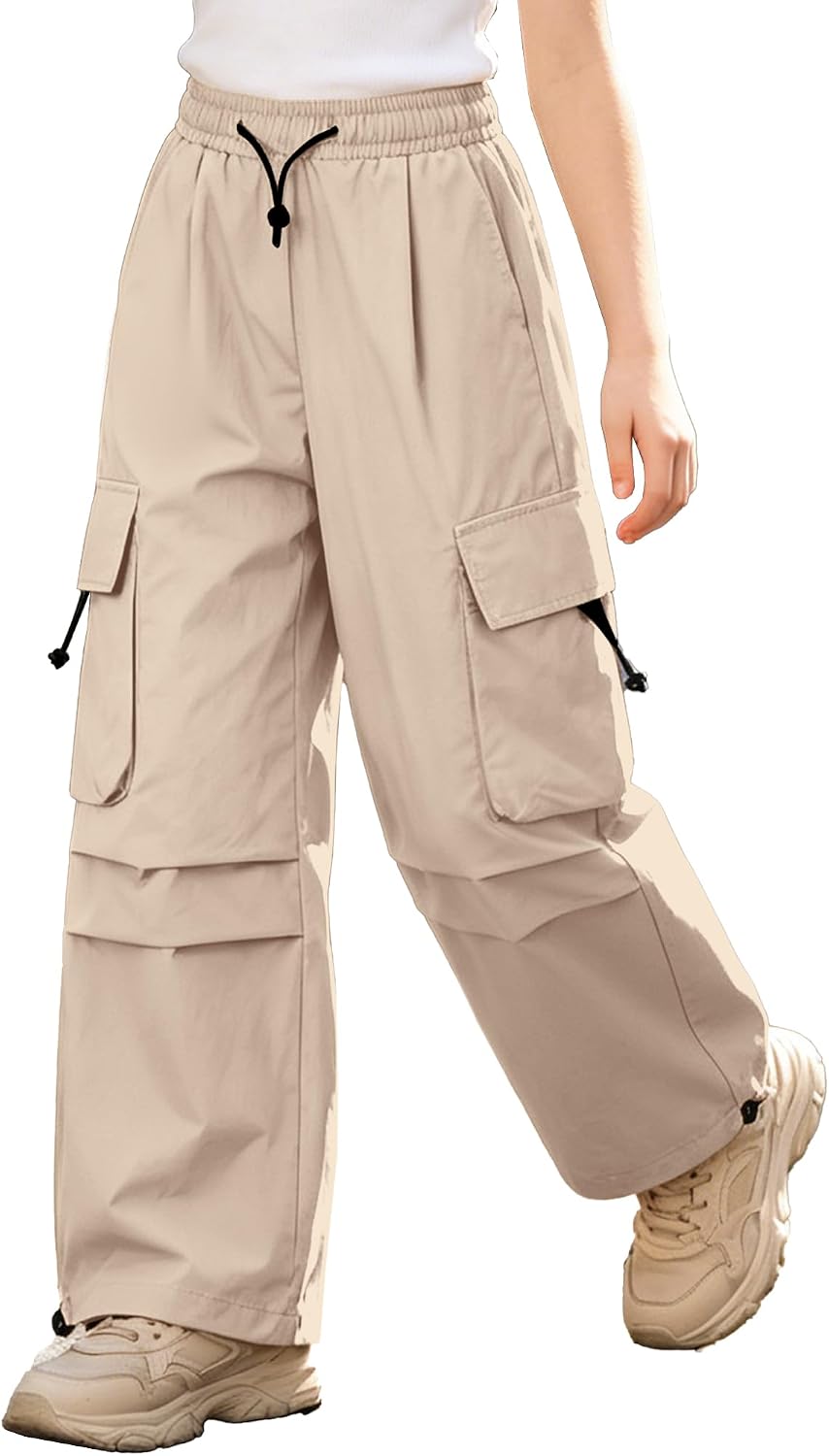 SANGTREE Girls Parachute Pants Loose Lightweight Drawstring Waist Hip Hop Cargo Pants,6-16 Years