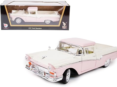 1957 Ford Ranchero 118 Diecast Model - First-Gen Ute Coupe Utility, 292 V8 Badge, Opening Doors & Functional Steering Wheel, Premium Gift Box for Collectors, 14+,Pink and White