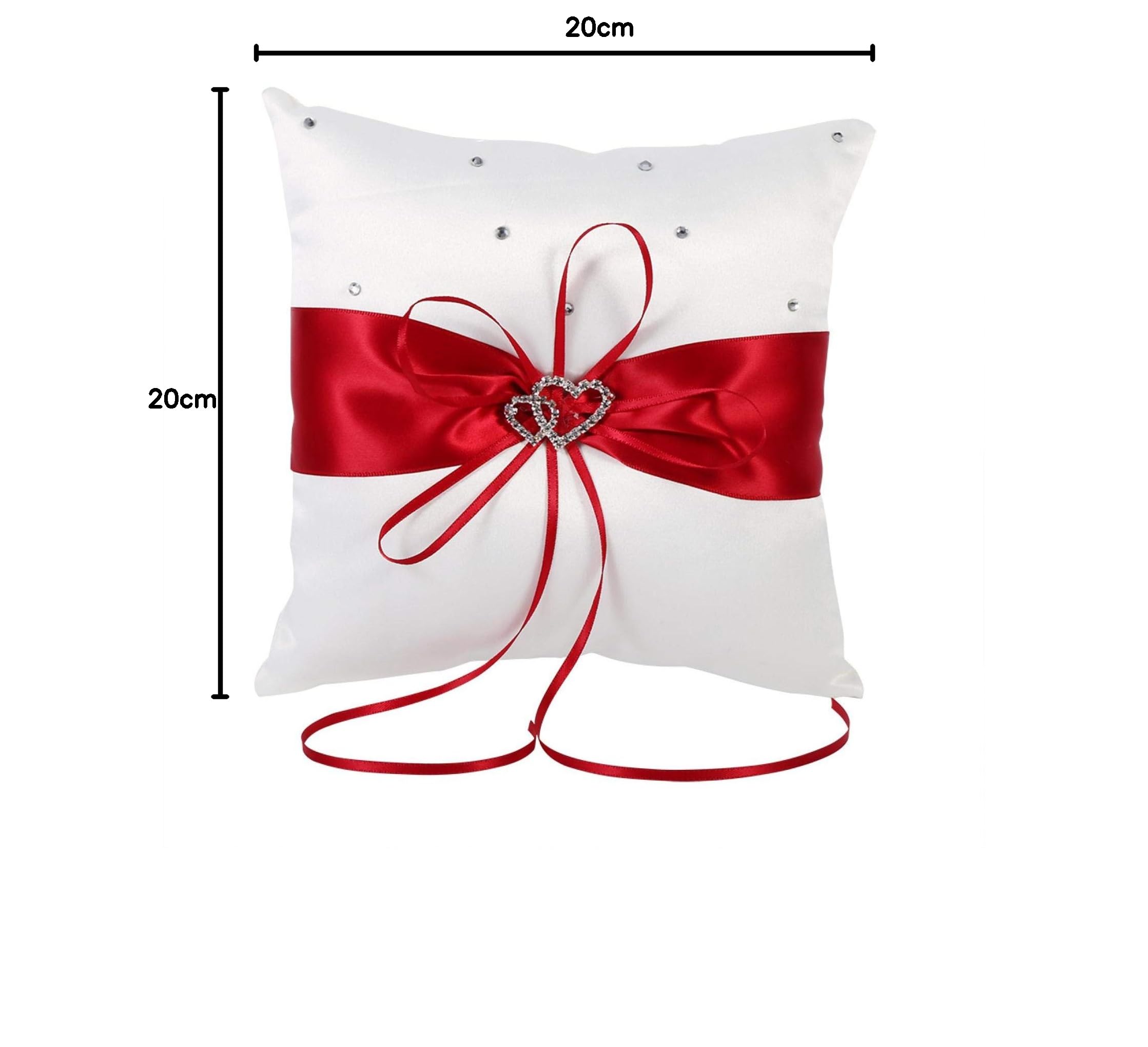 Cuscino per Fedi Nuziali, Cuscino per Fedi Matrimonio, 20 * 20cm Cuscino per Anello Nuziale con Fiocco in Raso con Diamanti a Doppio Cuore per Accessori per Matrimonio (Rosso)