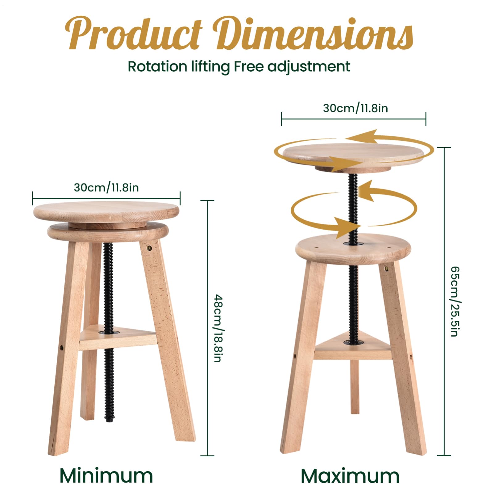 Generisch Sgabello da pittura regolabile in altezza, in legno di faggio, diametro 30 cm, 48-65 cm, sgabello regolabile in altezza, girevole a 360 gradi, sedia in legno, per bar, cucina, uso domestico