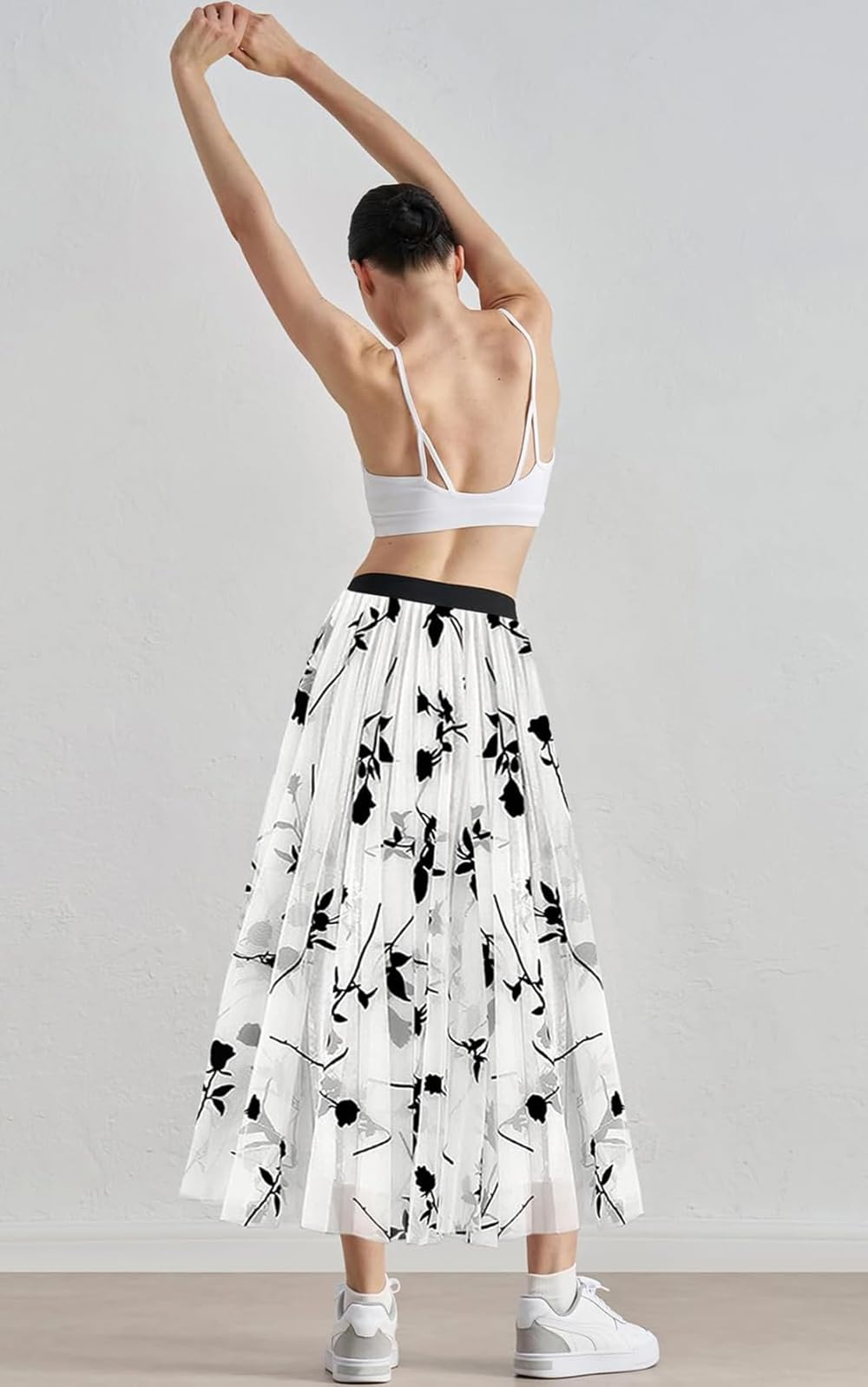 comefohome Gonne da donna UK Elastico in vita Midi Lunghezza pieghe Tulle Gonna A Line Floreale Lunga Estate Gonne