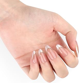 Gold Line Grey French Tip Press On Nails Almond Short, French Tips Designer Reusable Acrylic Nails Press Ons, Fake Nails With Glue On, Daily Wear Floral False Nails For Women