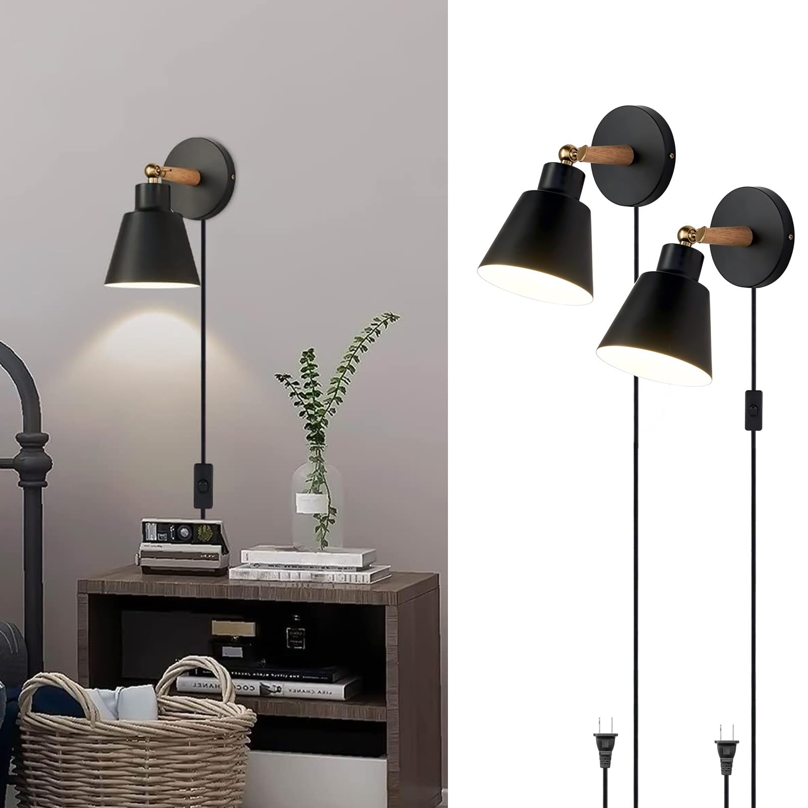 Apliques de pared para interior modernos con interruptor y enchufe E27 giratorios 8