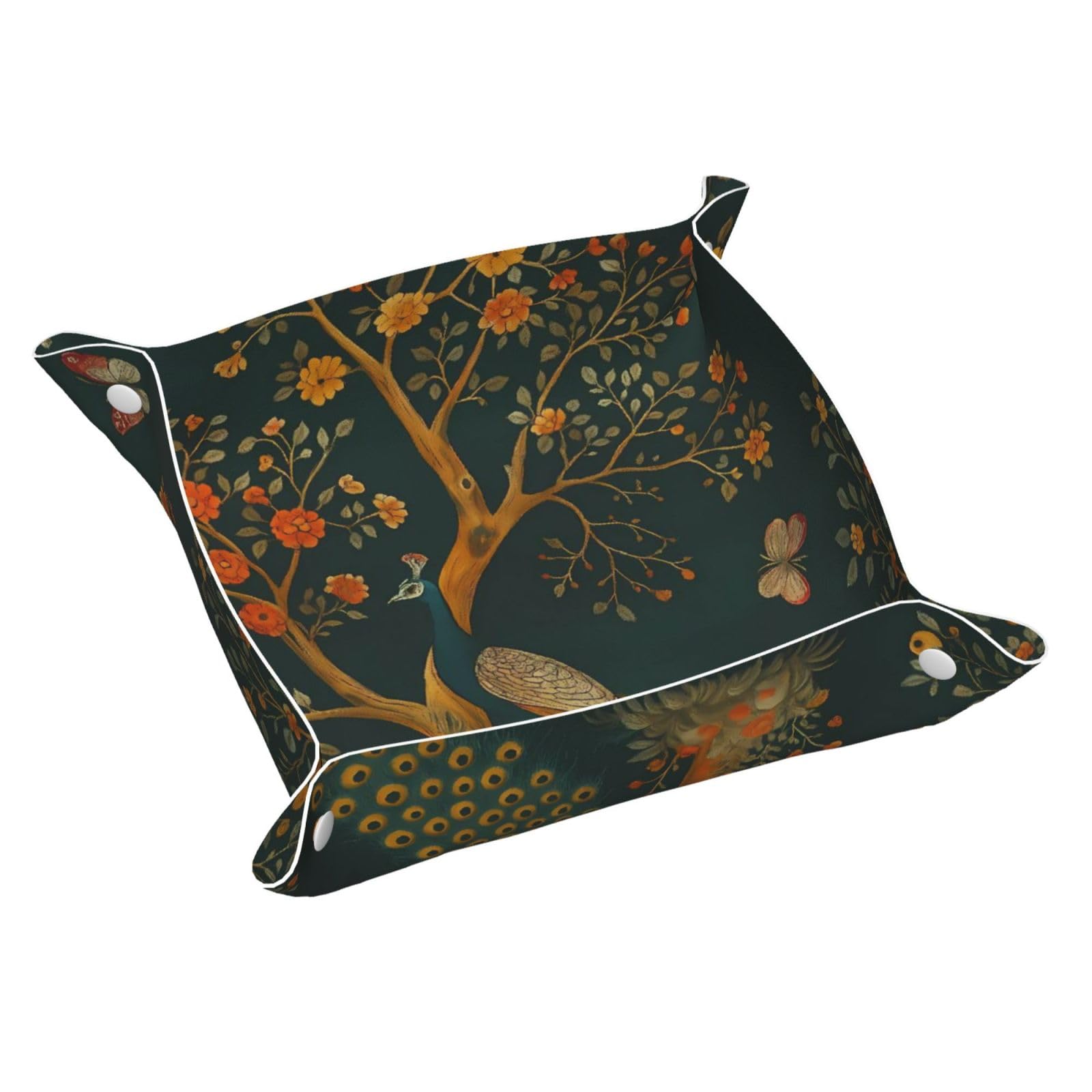 HLBSDM Graceful Peacock & Blooming Floral Tray Men's Leather Valet Parking Portable Entrance Trays Bedside Storage Box