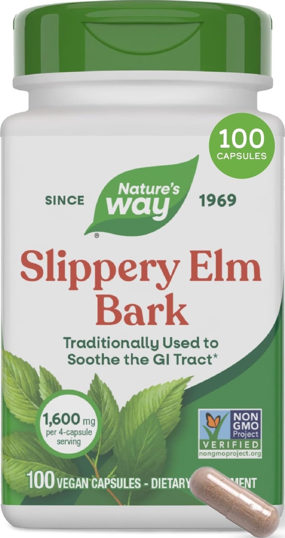 Slippery Elm Bark Capsules, 1,600 mg per Serving, 100 ct | Traditional Digestive Support to Soothe Gastrointestinal Tract*, Traditional GI Support*, Vegan Capsules