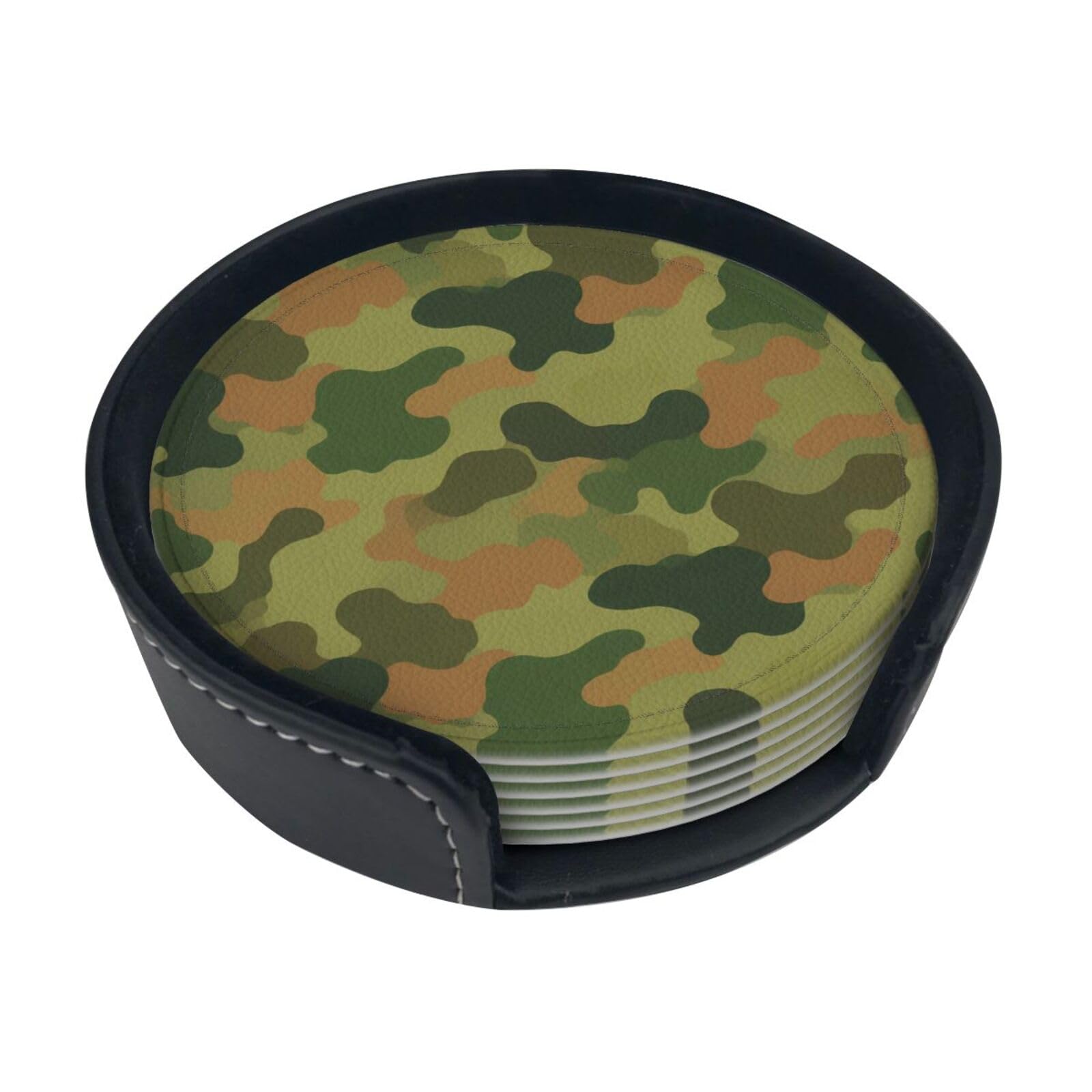 Cntdbu White Camo Leather Coasters Set Of 6-Pu Leather Drink Mats For Table, Heat Resistant Round Coasters With Holder