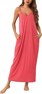 Marvmys Womens Cotton Long Nightgowns Spaghetti Strap V Neck Full Slip Sleep Shirts with Pockets