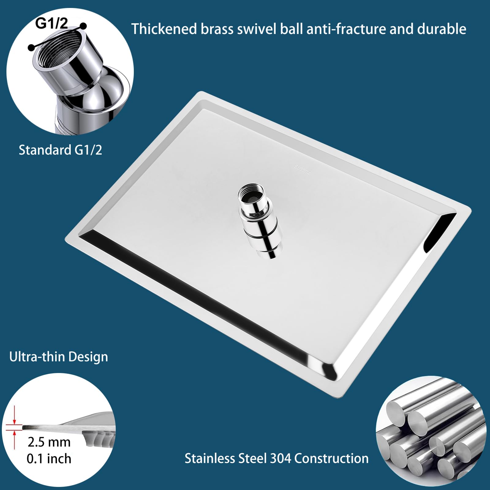 Soffione Doccia a Pioggia Extra Large in Acciaio Inossidabile, 30x20 cm Cromato, Montaggio Soffitto Parete
