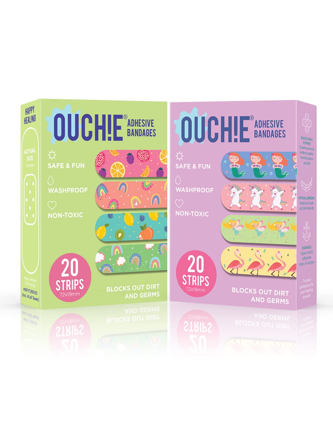 Ouchie Non-Toxic Printed Bandages Double Combo (40 Pack) - Lime Green & Lavender