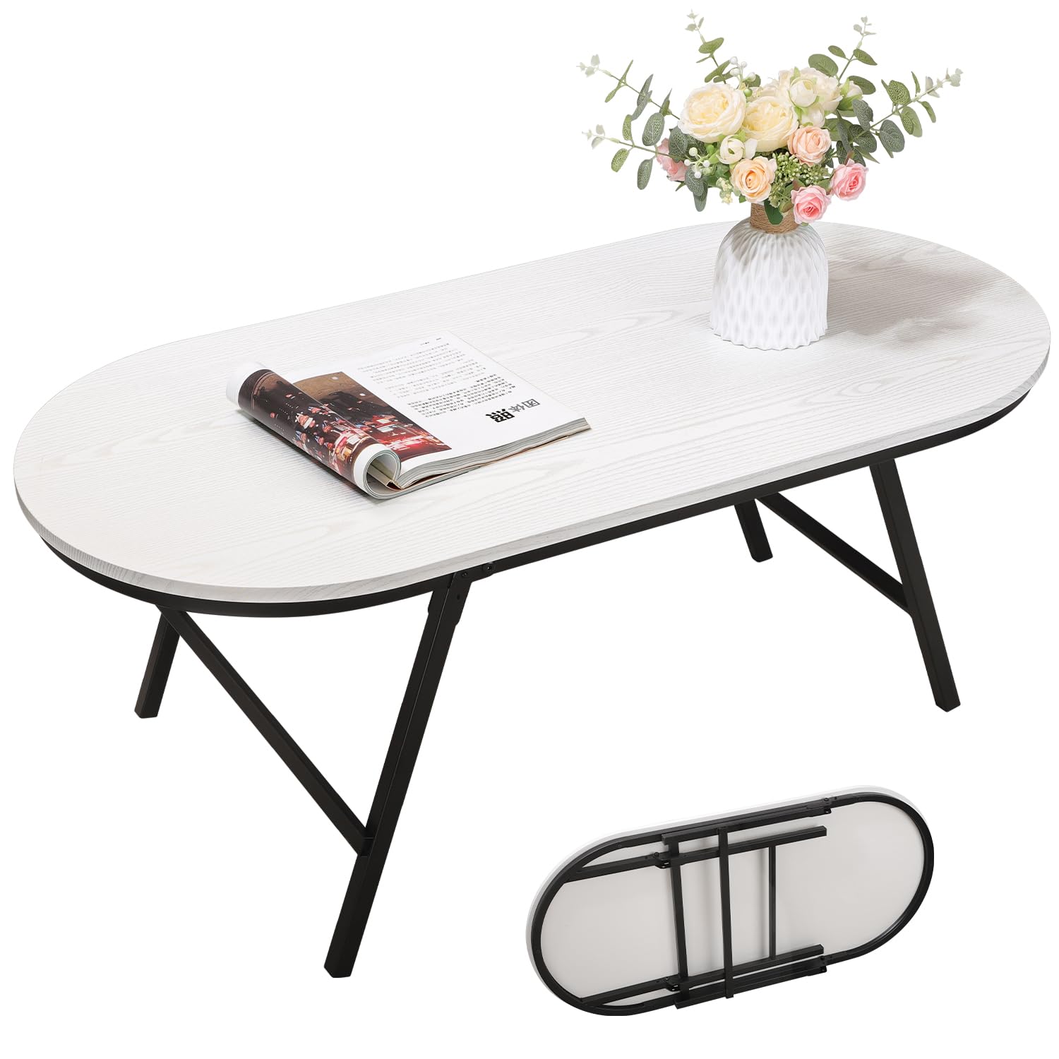 Small Oval Coffee Table Wooden Low Coffee Table with Folding Legs Portable White Center Table Simple Modern Floor Table Desk for Living Room Home