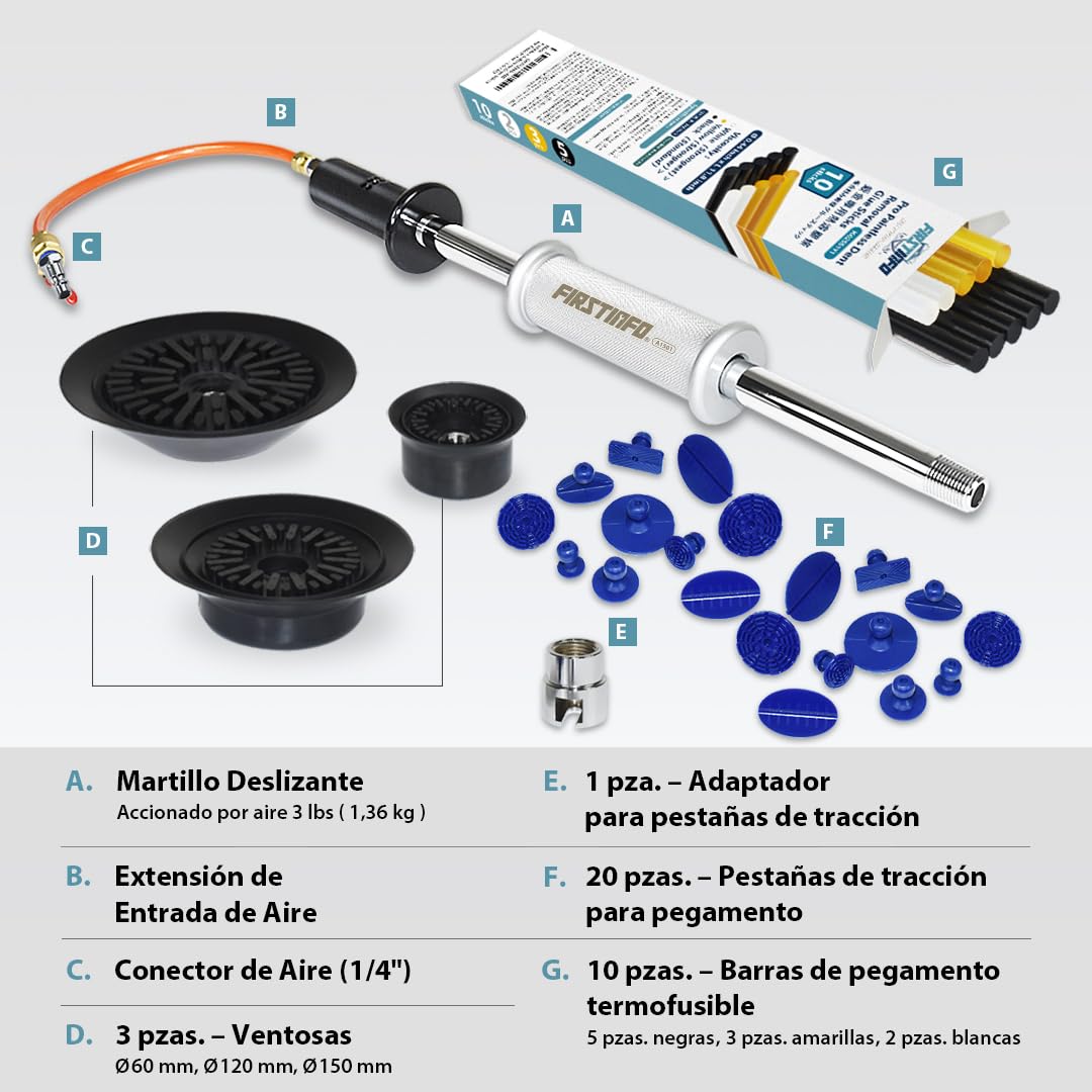 FIRSTINFO Extractor Neumático de Abolladuras Carrocería 3 Ventosas | Kit completo 20 pestañas+pegamento, válvula latón, 70-170 PSI, ideal granizo y bollos puerta, garantía 12 meses A1501EUY1