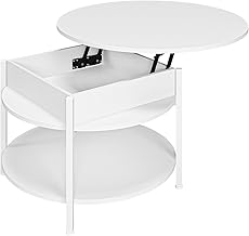 KIMENICH Table Basse Ronde, Table Basse Relevable, Tables de Salon avec Compartiment Caché et Étagère de Rangement, Tables Basse avec Plateau Relevable, pour Salon, Bureau, Blanc