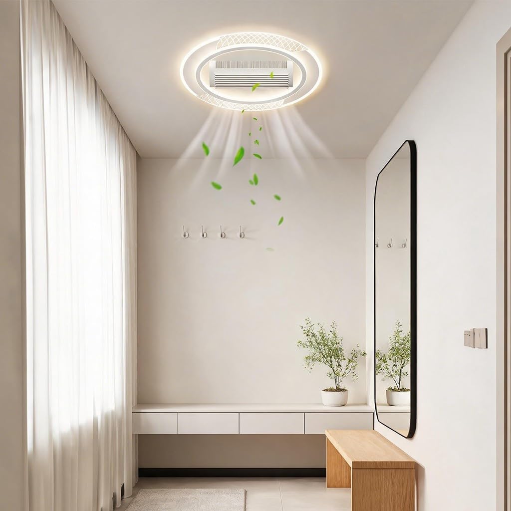 LYSDjia Modern Ceiling Fans with Lights Remote Control Low Profile Flush Mount Ceiling Fan Farmhouse Bladeless Black Ceiling Fan with Light LED Dimmable 6 Speed Reversible for Kitchen (Oval White)