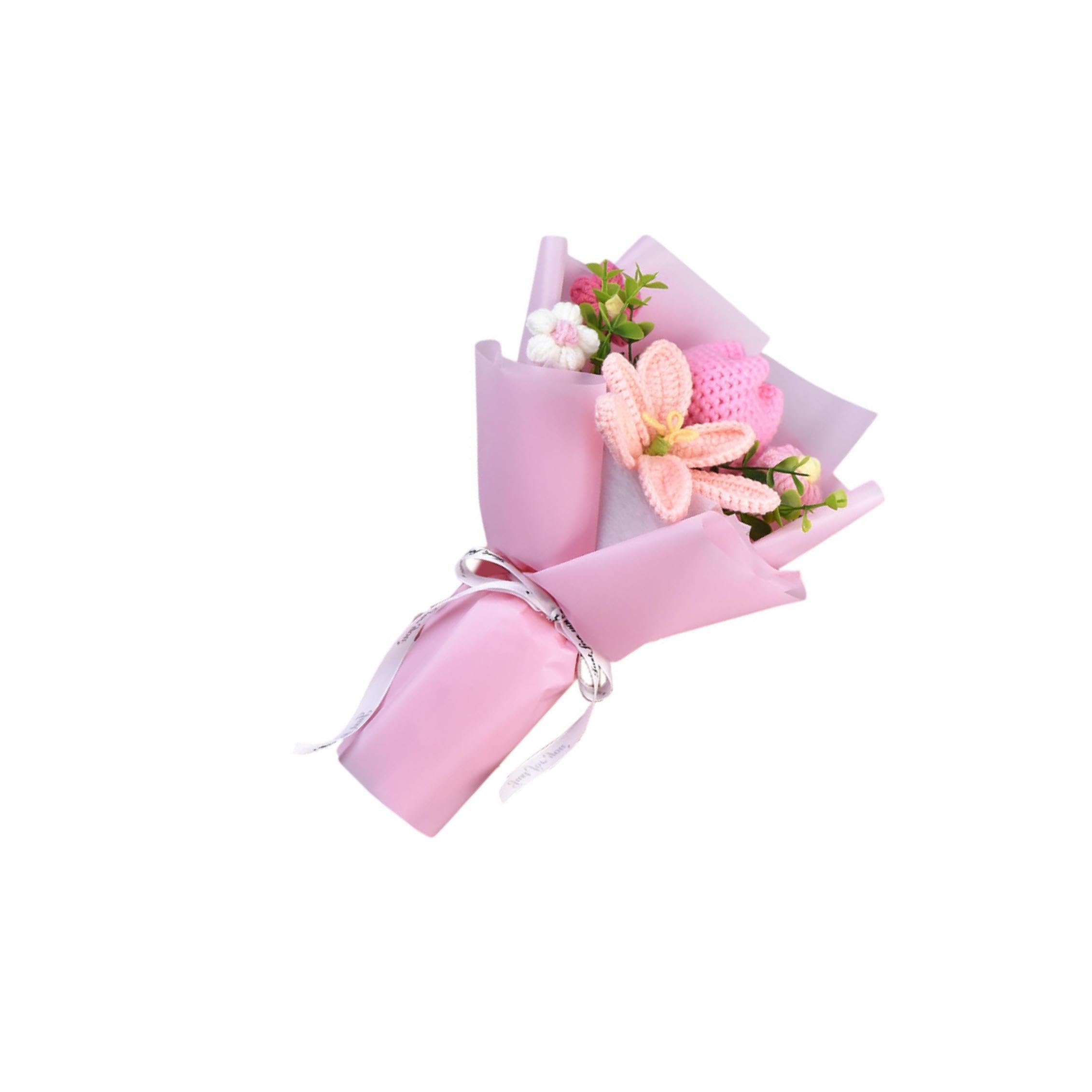 PIXZCSA Artisanal Knitted Floral Arrangement Handmade Bouquet For Wedding Receptions Crochet Flower Bouquet Which Look Elegant, Pink