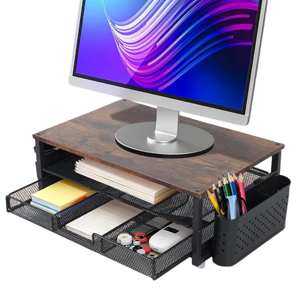 Supporto da scrivania per monitor, organizer da scrivania con 2 portapenne, cassetto, supporto ergonomico da tavolo, accessori da ufficio per schermo e laptop