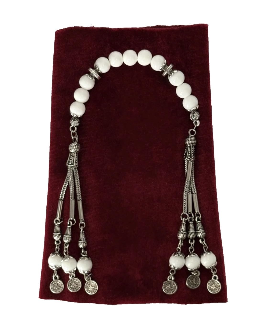 Generisch Zaza Tesbih Doğal Taş Oniks 8 mm OSMANLI Tugra Püsküllü ZAZA Tespih Gebetskette Naturstein,Tasbih Misbaha Rosary Subha Amber Onyx weiße Stein Geschenkidee NEU