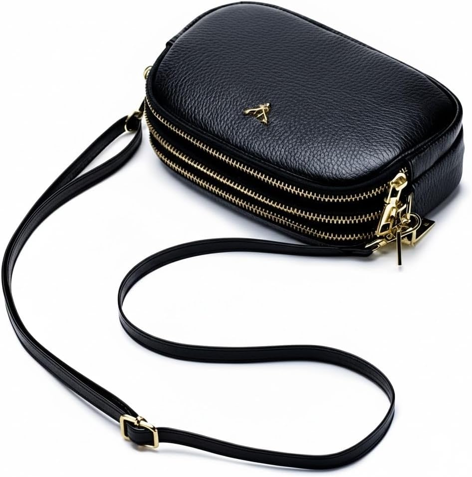 Bolsa Transversal Feminina de Couro Legítimo Tamanho Pequeno Design Simples com 3 Zíperes Porta Celular (Estilo 1)