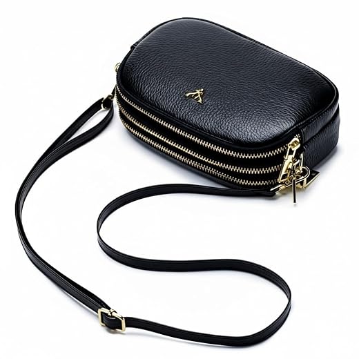 Bolsa Transversal Feminina de Couro Legítimo Tamanho Pequeno Design Simples com 3 Zíperes Porta Celular (Estilo 1)