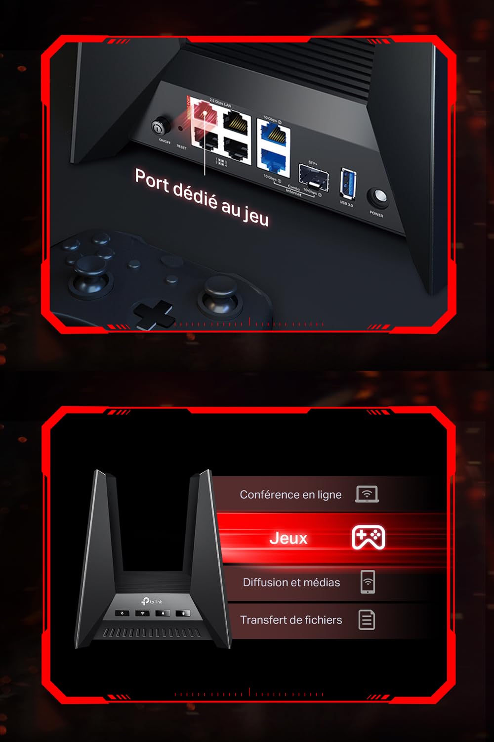 TP-Link Archer GE800 - Routeur Gaming - Wi-Fi 7 Tri-Band - 2×10Gbps, Connecteur Gaming dédié, Panneau de Jeu Spécial, Accélération Exclusive pour les Jeux, Design Orienté Jeu