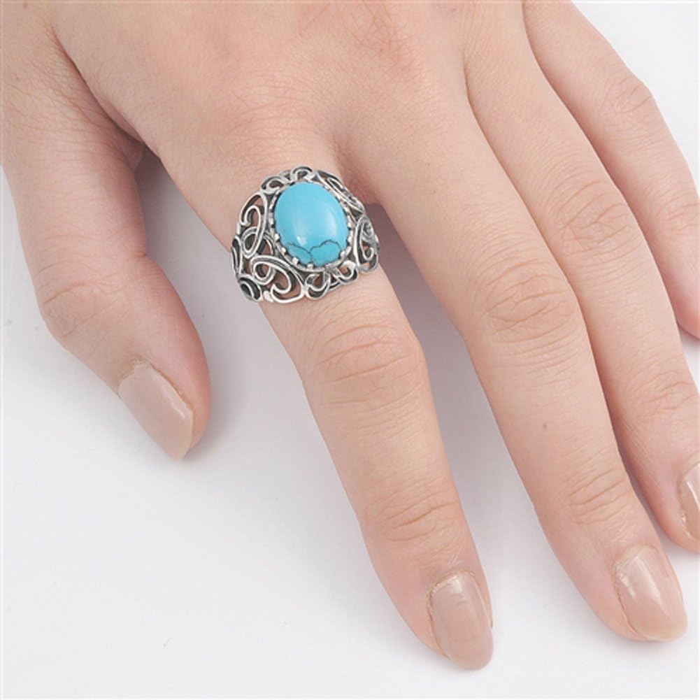 Simulated Turquoise Filigree Swirl Cutout Criss Cross Ring Sterling Silver Band Sizes 4-13