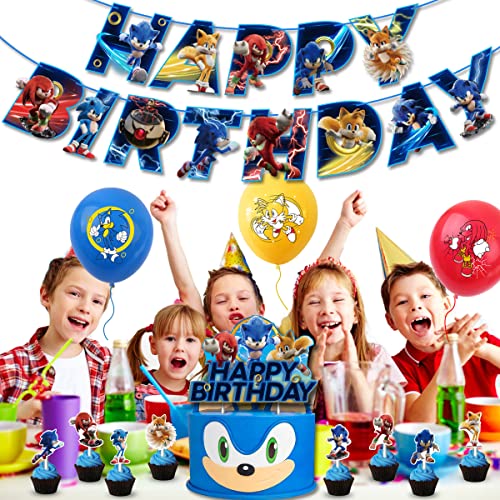 Sonic Theme Birthday Party Supplies Kit, Kids Party Favors, Sonic The Hedgehog Assemble Decoration Party Pack, Including Happy Birthday Letter Banner, Cake Toppers, Colorful Latex Balloon Amallino #TOP5