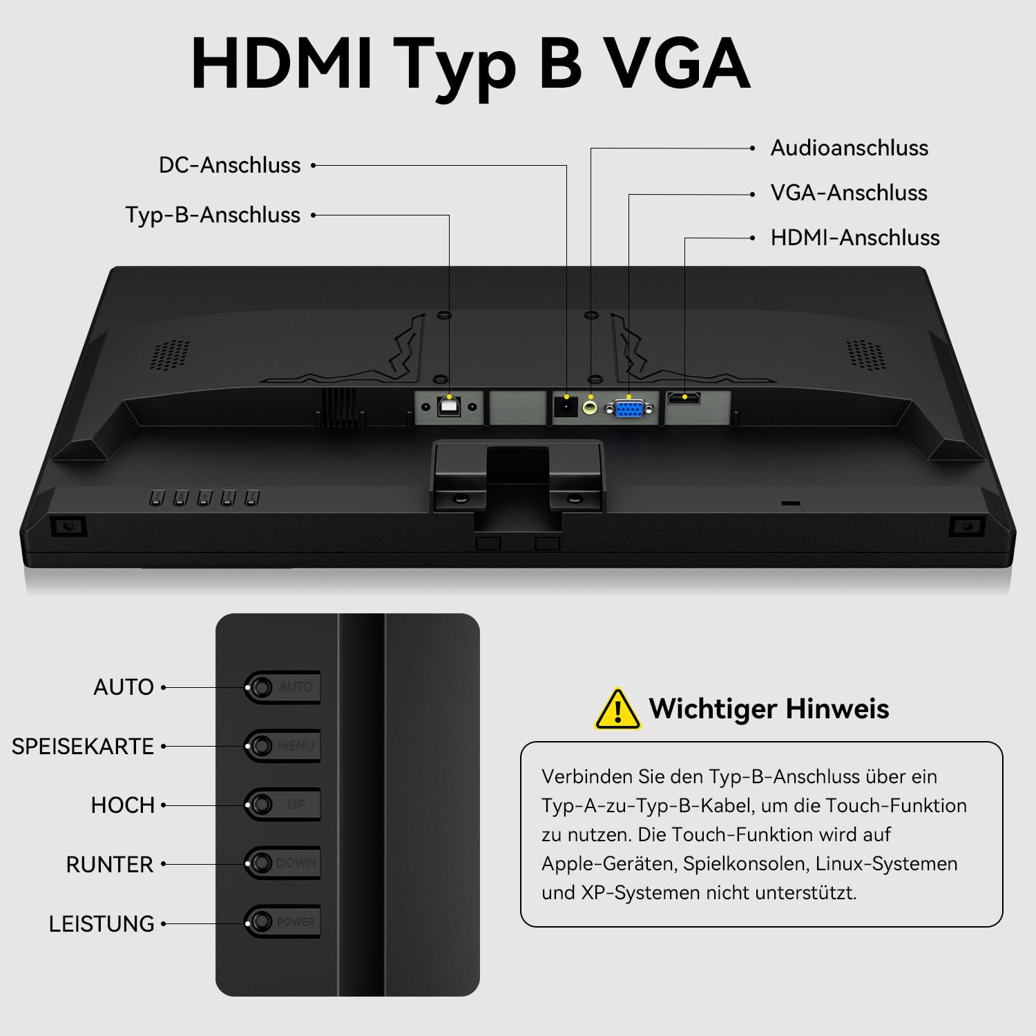 24 Zoll Touchscreen Monitor VA PC Touch Screen Kontrastverhältnis 3000:1 | Höhe/Drehung/Schwenk/Neigung einstellbar, 99% sRGB Touch Bildschirm FHD 1080P, 75Hz, Lautsprecher, HDMI, VGA, Typ-B, VESA
