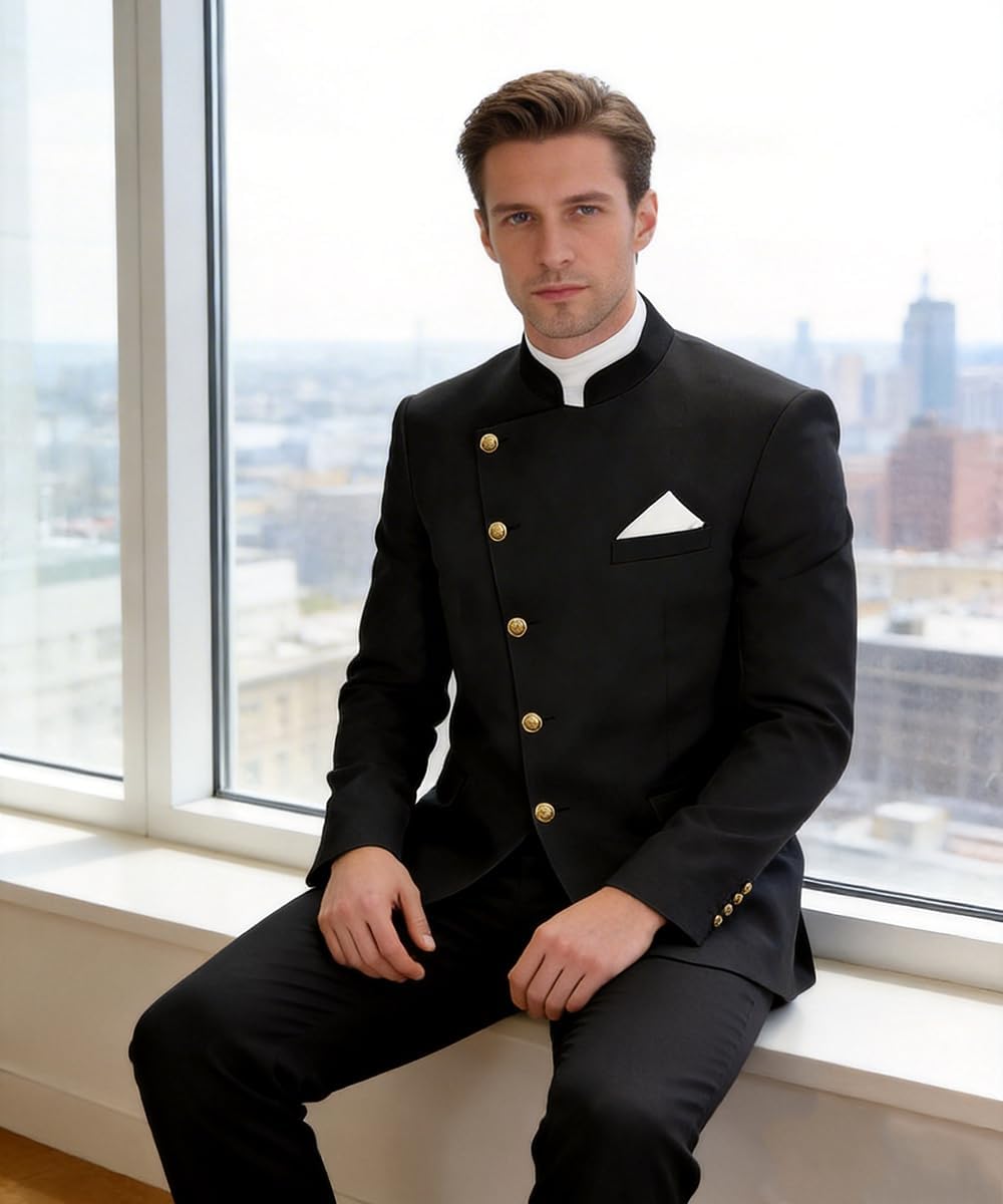 Mens Tunic Suit 2 Piece Slim Fit Suits for Men Chinese Traditional Mandarin Collar Tuxedo Blazer Wedding Outfit