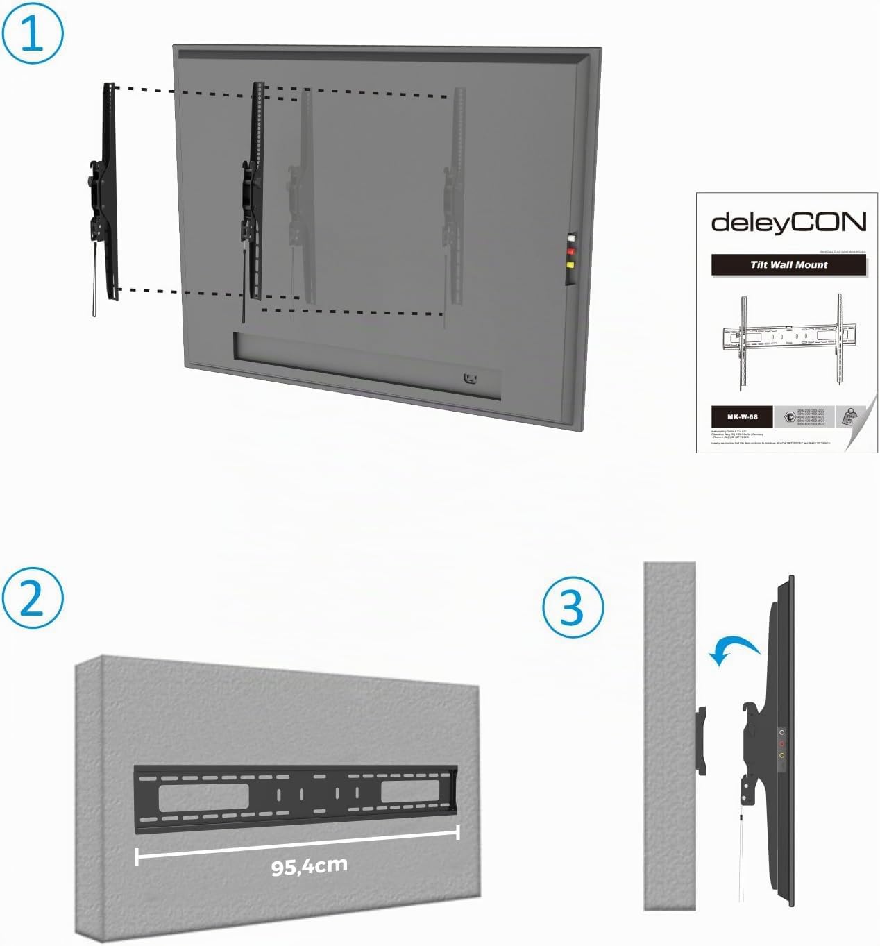 deleyCON Support Mural Universel TV 60"-100" Pouces (152-254cm) Inclinable 75Kg & VESA 900x600 Plasma LCD LED OLED Curved Télévision Fixation