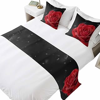Red Roses Queen Size Bed Runner and 2 Pillowcase Set Flower with Water Droplets Retro Luxury Bedding Set Decorative Bed Scarves Throw Pillow Covers for Home Bedroom Hotel Guesthouse
